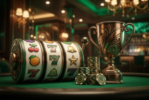 Rouleaux de machine à sous, trophée et jetons de casino